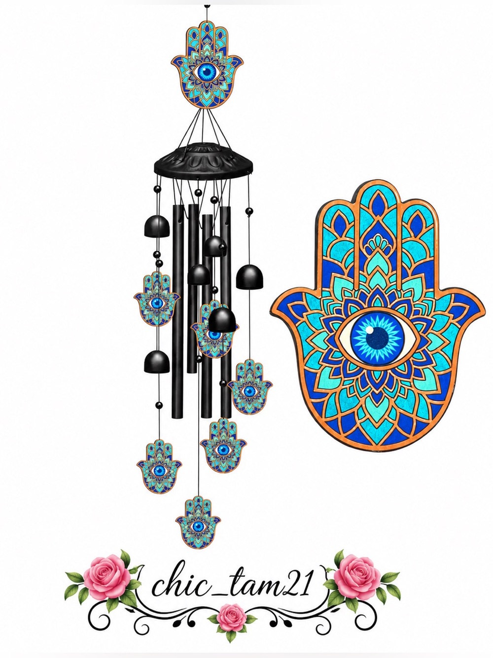 Hamsa Eye Blue and Turquoise Wind Chime Wall Decor